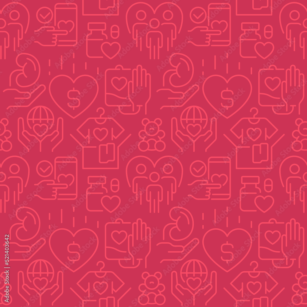 Charity program abstract seamless pattern. Editable vector shapes on pink background. Trendy texture with cartoon color icons. Design with graphic elements for interior, fabric, website decoration Charity program abstract seamless pattern. Editable vector shapes on pink background. Trendy texture with cartoon color icons. Design with graphic elements for interior, fabric, website decoration