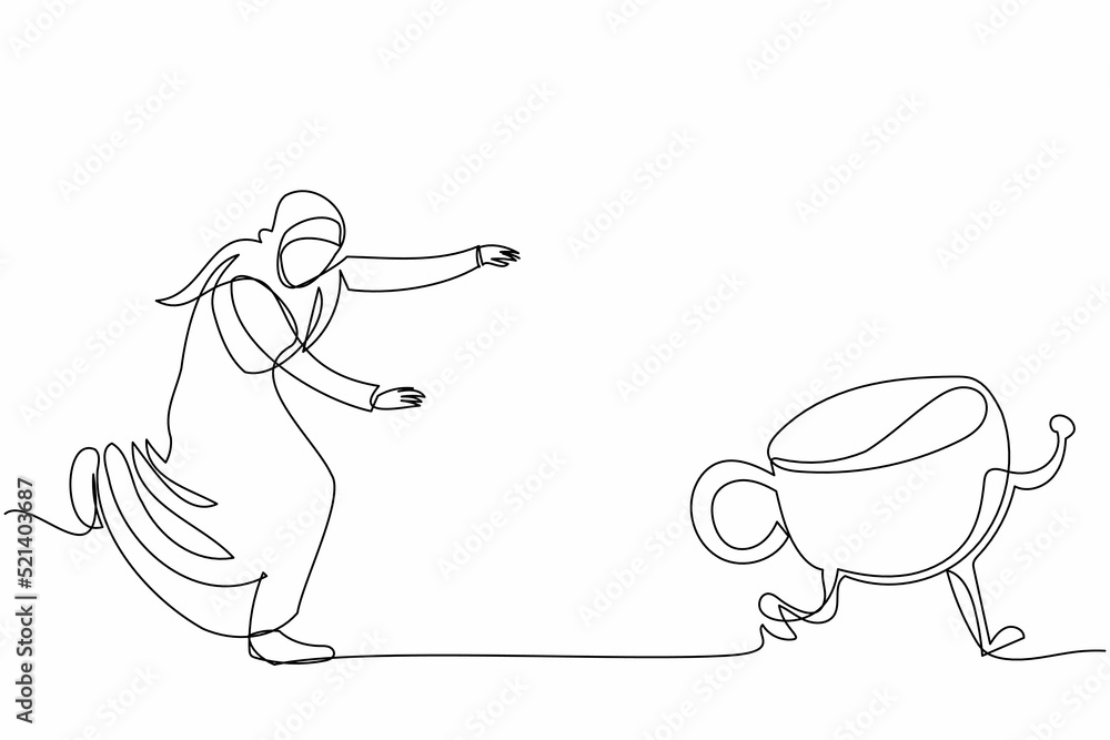 Obraz premium Continuous one line drawing Arab businesswoman run chase coffee cup. Office worker drink espresso latte for coffee break at office. Drinking and breakfast. Single line draw design vector illustration