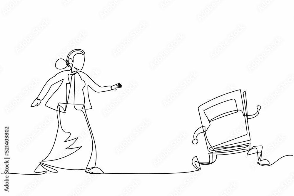 Single continuous line drawing businesswoman run chasing try to catch text book. Worker being chased by work deadlines. Running out of time. Business metaphor. One line draw design vector illustration