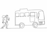 Continuous one line drawing businesswoman run chasing try to catch bus. Hurry running to get transportation, public passenger vehicle. Business metaphor. Single line design vector graphic illustration