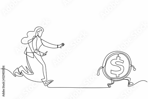 Single continuous line drawing businesswoman run chasing try to catch high performance attractive dollar coin. Chasing high performance active mutual fund. One line graphic design vector illustration