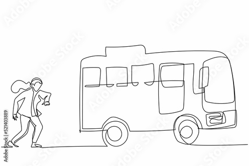 Continuous one line drawing businesswoman run chasing try to catch bus. Hurry running to get transportation, public passenger vehicle. Business metaphor. Single line design vector graphic illustration