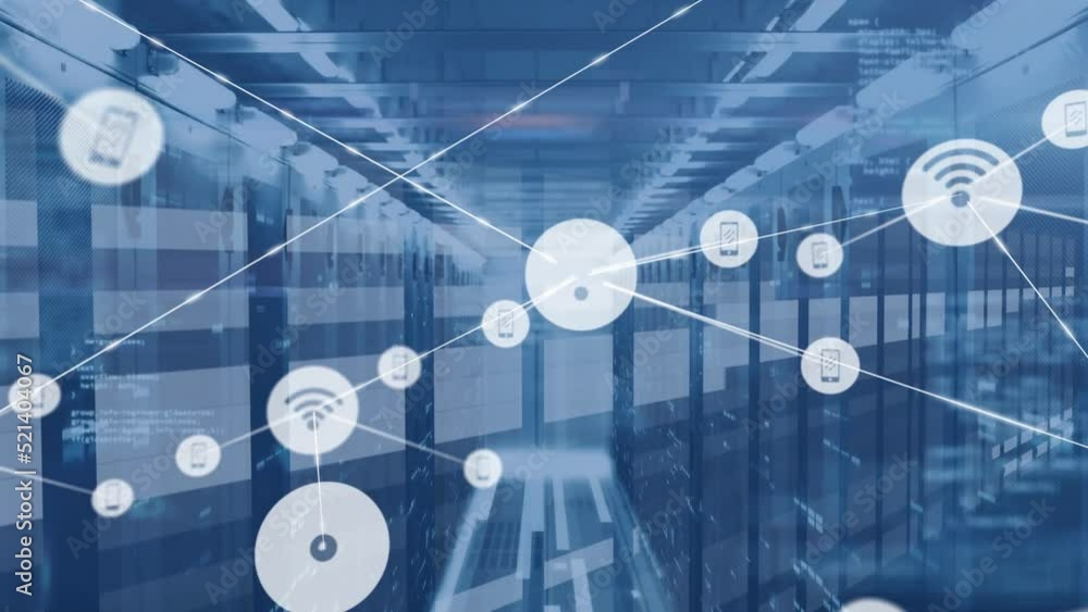 Animation of network of communication icons and data processing over computer server room Animation of network of communication icons and data processing over computer server room