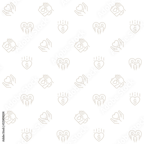 Charitable giving abstract seamless pattern. Editable vector shapes on white background. Trendy texture with cartoon color icons. Design with graphic elements for interior, fabric, website decoration