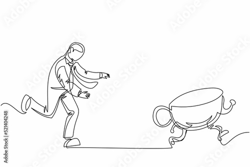 Single one line drawing businessman run chasing try to catch coffee cup. Concept of thirsty  drink  taking  time  speaking. Business metaphor. Continuous line draw design graphic vector illustration