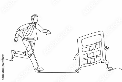 Continuous one line drawing businessman chasing calculator. Math operations, budget, analytics, data, income, finance. Calculations and economy. Single line draw design vector graphic illustration