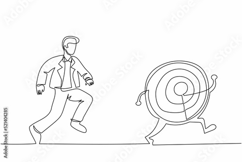 Continuous one line drawing businessman run chasing try to catch big dart target. Office worker running after his career goal. Business metaphor. Single line draw design vector graphic illustration