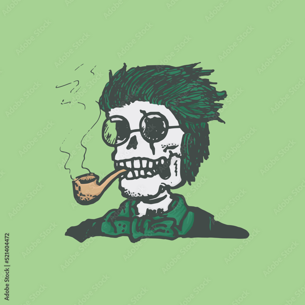 Hand drawn illustration of a skull with a smoking pipe on a green background Hand drawn illustration of a skull with a smoking pipe on a green background