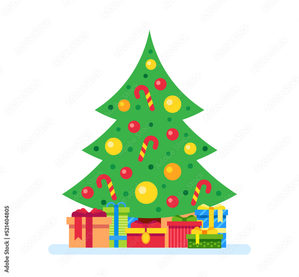 Christmas tree and gift boxes. Fir tree decorated with toy balls and candy canes for xmas celebration Christmas tree and gift boxes. Fir tree decorated with toy balls and candy canes for xmas celebration