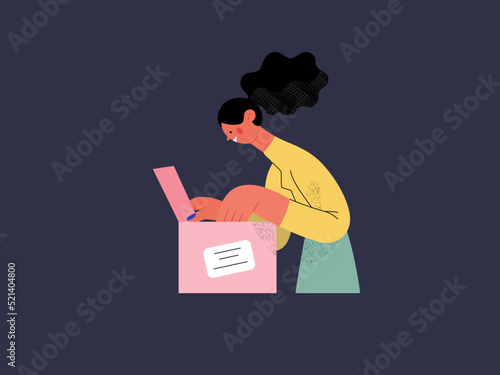 Buy online - Online shopping and electronic commerce series - modern flat vector concept illustration of a woman unpacking a parcel box. Delivery, discounts, sale and online orders concept
