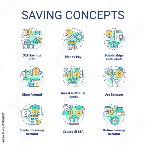 Saving for education concept icons set. Student financial funds. Collage payments idea thin line color illustrations. Isolated symbols. Editable stroke. Roboto-Medium, Myriad Pro-Bold fonts used