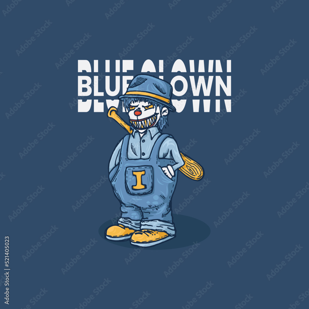 Hand drawn illustration Blue clown with wooden baseball bat
