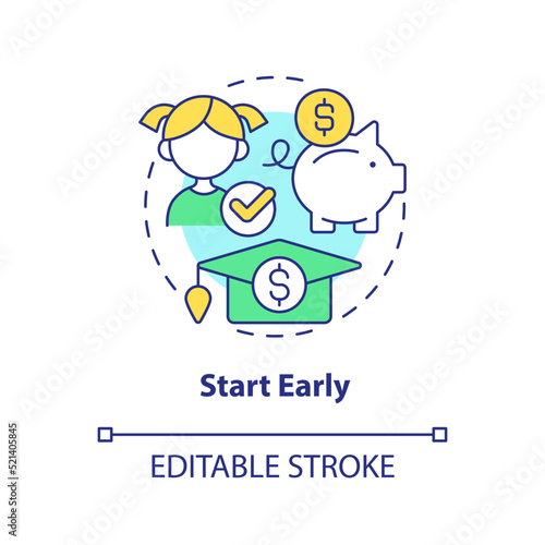 Start early concept icon. Money for education. Tip for saving for college abstract idea thin line illustration. Isolated outline drawing. Editable stroke. Arial, Myriad Pro-Bold fonts used