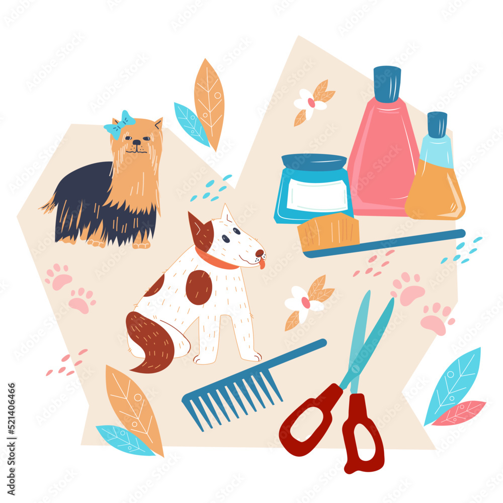 Dog grooming service banner or pet grooming and care products sale label design, flat vector isolated on white background. Decorative element with tools, cosmetic and funny dogs.