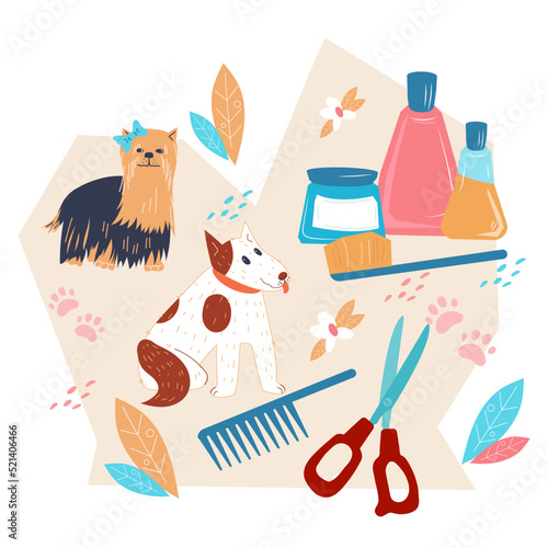 Dog grooming service banner or pet grooming and care products sale label design, flat vector isolated on white background. Decorative element with tools, cosmetic and funny dogs.