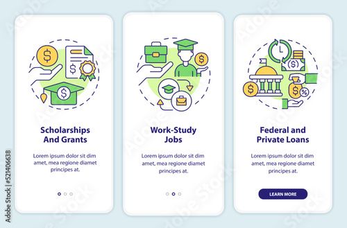 Financial aid onboarding mobile app screen. Student support walkthrough 3 steps editable graphic instructions with linear concepts. UI, UX, GUI template. Myriad Pro-Bold, Regular fonts used