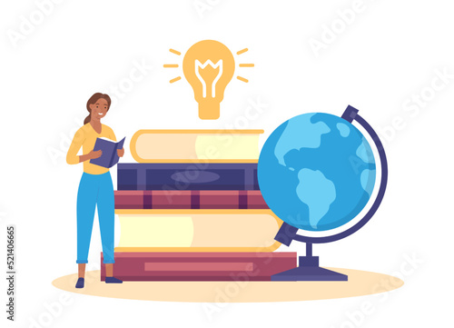 Education concept. Woman reading book. Female character standing near stack of textbooks and globe, studying