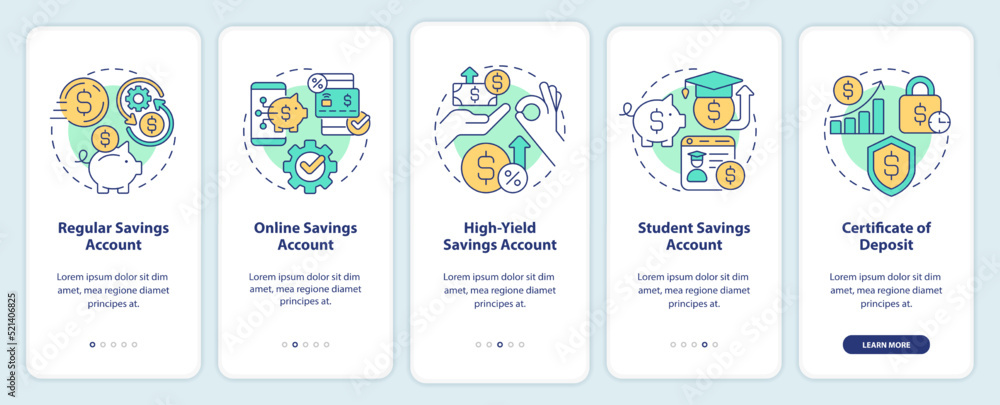 Types of saving accounts onboarding mobile app screen. Banking walkthrough 5 steps editable graphic instructions with linear concepts. UI, UX, GUI template. Myriad Pro-Bold, Regular fonts used