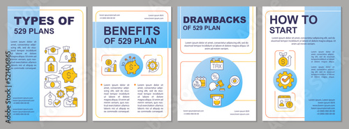 College savings plan blue brochure template. Education. Leaflet design with linear icons. Editable 4 vector layouts for presentation, annual reports. Arial, Myriad Pro-Regular fonts used