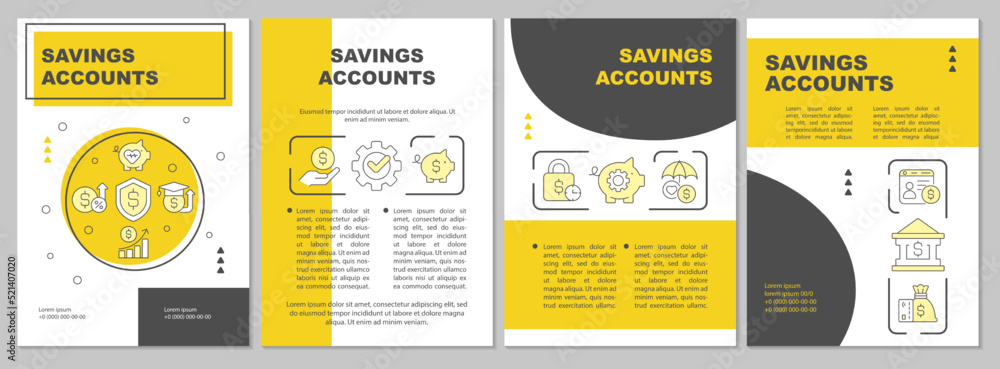 Naklejka premium Savings accounts yellow brochure template. Money management. Leaflet design with linear icons. Editable 4 vector layouts for presentation, annual reports. Arial, Myriad Pro-Regular fonts used