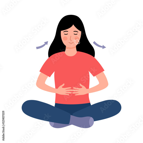 Woman practicing breathing exercise in flat design on white background.