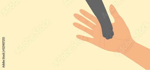 A gray cat's paw on an open human palm. Copy space. Flat vector illustration