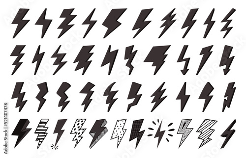 Flash icons. Lightning or thunderbolt storm symbols. Natural or electrical strikes isolated on white. Different elements for charging