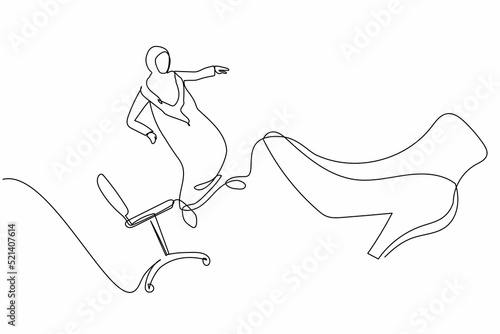 Single one line drawing unhappy small Arabian businesswoman kicked out by big foot from chair. Staff reduction, fired worker. Minimal metaphor. Continuous line draw design graphic vector illustration