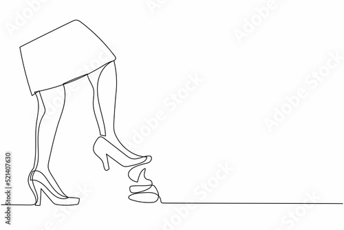 Single one line drawing businesswoman foot stepping into dog poop or poo. Female feet with high heels stepped on animal shit. Unpleasant surprise. Continuous line design vector graphic illustration photo