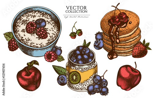 Breakfast vintage illustrations collection. Hand drawn logo designs with pancakes, porridge with berries, chia pudding, raspberry, blueberry, strawberry, apples.