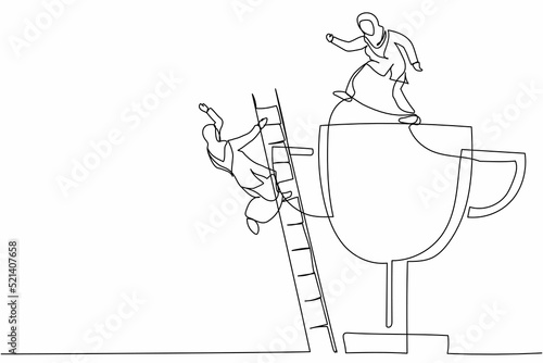 Continuous one line drawing greedy Arabian businesswoman kicking her rival falling down from top ladder trophy of success. Cheating competitor metaphor. Single line design vector graphic illustration