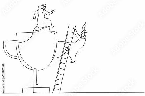 Single continuous line drawing Arabian businessman kicking to make his rival falling down from the top ladder trophy of success. Minimalism metaphor. One line draw graphic design vector illustration