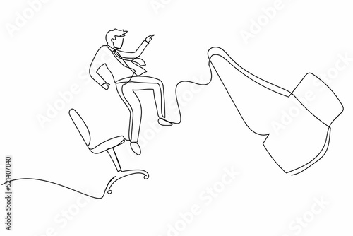 Continuous one line drawing unhappy small businessman kicked out by big foot from chair. Employee kicked out of work. Dismissal of staff. Unemployment. Single line design vector graphic illustration