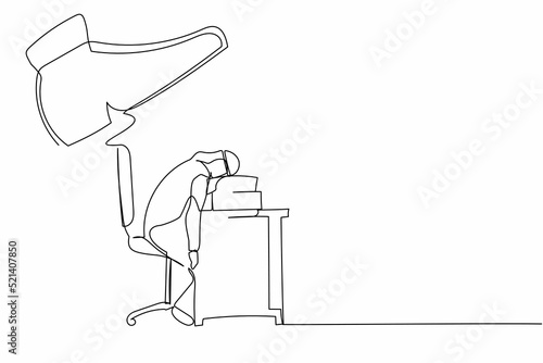 Single one line drawing fatigue Arabian businessman sleeping on pile of papers under big foot stomp. Tired exhausted deadline overloaded worker. Continuous line draw design graphic vector illustration