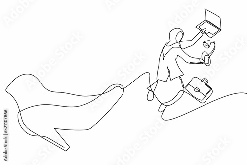 Single one line drawing unhappy Arabian businesswoman kicked out of work with office supplies. Manager being fired. Staff reduction. Minimal metaphor. Continuous line draw design vector illustration