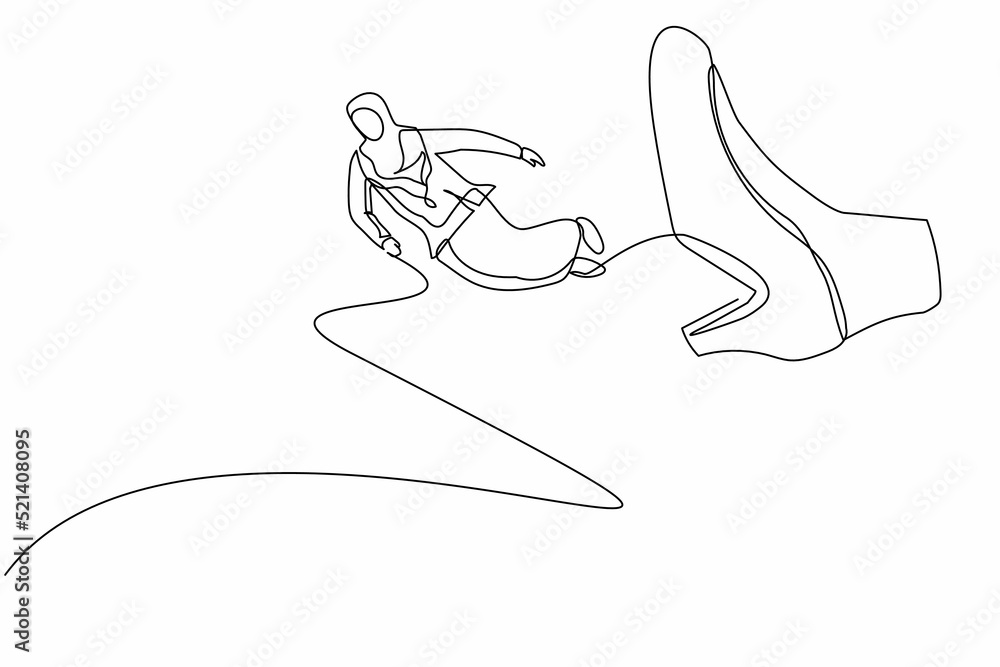 Single continuous line drawing failed Arab businesswoman getting fired, flying through air after being kicked in the back. Minimalism metaphor concept. One line draw graphic design vector illustration Single continuous line drawing failed Arab businesswoman getting fired, flying through air after being kicked in the back. Minimalism metaphor concept. One line draw graphic design vector illustration