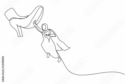 Continuous one line drawing brave Arab businesswoman flying with hero capes against giant shoes stomping. Female manager fly up against giant foot step. Single line design vector graphic illustration