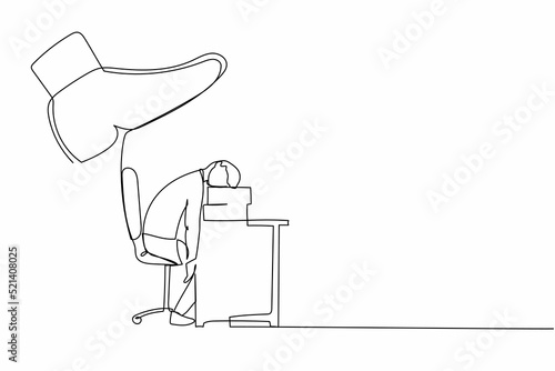 Continuous one line drawing stressed businessman sleeping on pile of papers under big foot stomp. Tired exhausted deadline overloaded office clerk. Single line draw design vector graphic illustration