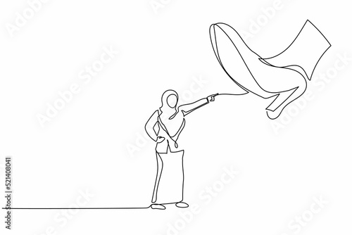Single one line drawing Arab businesswoman facing against giant shoes stomping. Office worker pointing against giant foot step. Minimalism metaphor. Continuous line design graphic vector illustration
