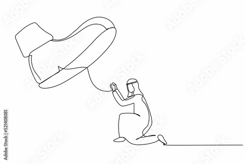 Single continuous line drawing active Arab businessman kneel down under big foot. Male manager under tyranny, dictatorship, authoritarian. Minimalism metaphor. One line draw design vector illustration