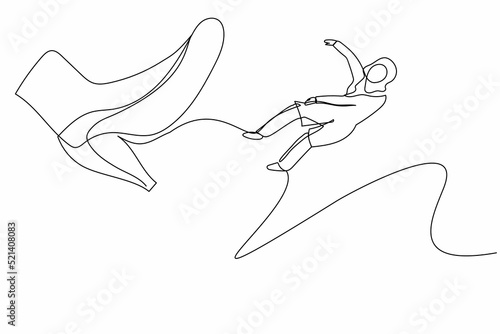 Continuous one line drawing failed Arab businesswoman kicked out by bigfoot. Employee become unemployed from company. Minimalist metaphor concept. Single line draw design vector graphic illustration