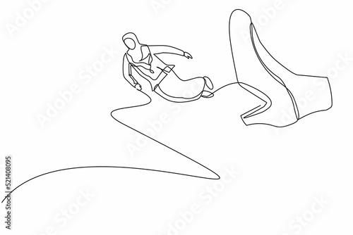 Single continuous line drawing failed Arab businesswoman getting fired, flying through air after being kicked in the back. Minimalism metaphor concept. One line draw graphic design vector illustration