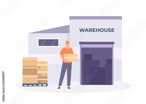 Global logistic chain. Male character carrying parcels to warehouse. Cartoon worker in uniform unloading boxes