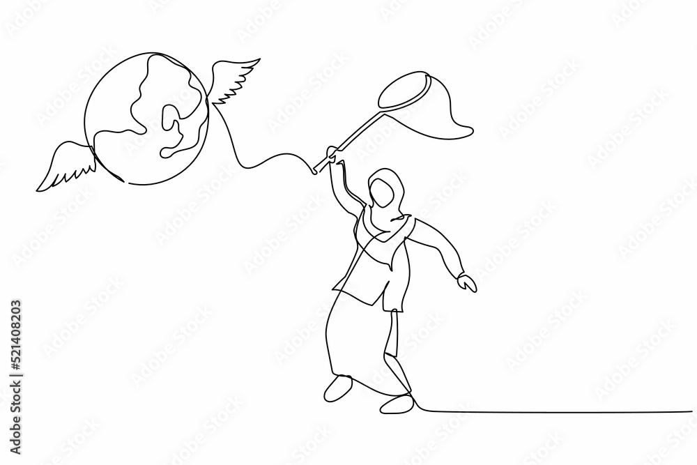 Continuous one line drawing Arab businesswoman try to catching flying globe with butterfly net. Failed to travelling around world due to pandemic. Single line draw design vector graphic illustration