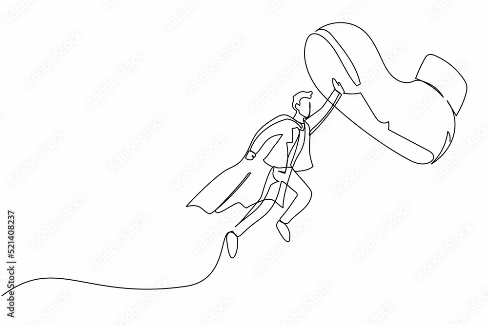 Obraz premium Single continuous line drawing active businessman flying with heroes capes against giant shoes stomping. Office worker fly up against giant foot step. One line draw graphic design vector illustration