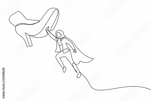 Single one line drawing young businesswoman flying with hero capes against giant shoes stomping. Female manager fly up against giant foot step. Continuous line draw design graphic vector illustration