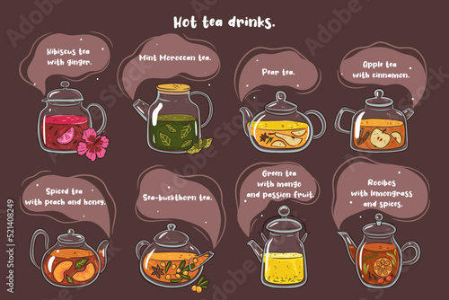 Set of different types of hot tea drinks in glass teapots. Vector graphics.