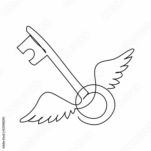 Single one line drawing flying key with wings. Mystery, clue and magic symbol. Unlock, hint, tint and secret concept. Catch luck or help. Modern continuous line draw design graphic vector illustration