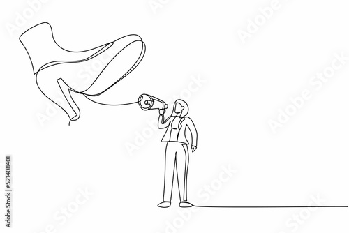 Continuous one line drawing businesswoman protest with megaphone under giant shoe. Female manager under tyranny, dictatorship concept. Minimal metaphor. Single line design vector graphic illustration