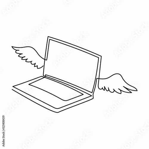 Continuous one line drawing flying laptop with wings. Winged laptop computer flying in sky. Cloud computing or storage system information concept. Single line draw design vector graphic illustration
